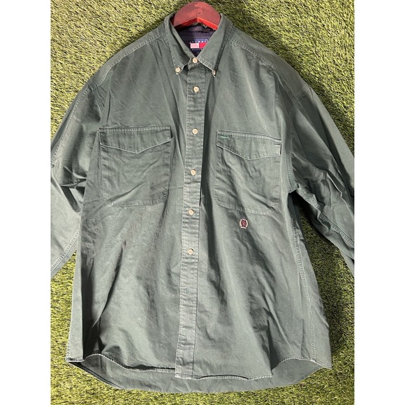 Vintage 90s Tommy Hilfiger Crest Green Button Up Collar Shirt Mens Sz Large - Picture 1 of 7